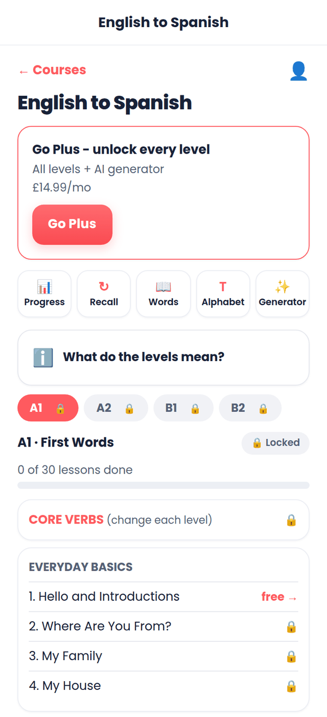 A course screen showing levels A1 to B2